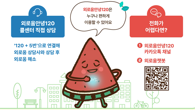 외로움안녕120 콜센터 직접 상담 '120+5번'으로 연결해 외로움 상담사와 상담 후 외로움 해소 외로움안녕120은 누구나 편하게 이용할 수 있어요 전화가 어렵다면? 외로움안녕120 카카오톡 채널 외로움 챗봇_QR코드(https://m.site.naver.com/1FWrO)